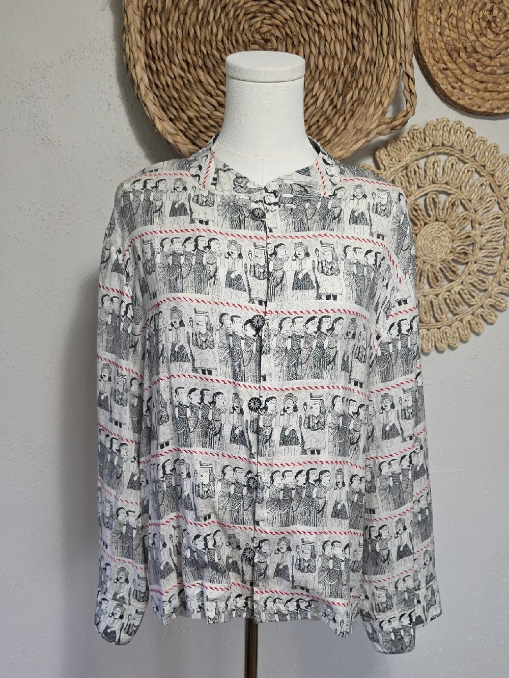 Vtg 90s 100% Silk Indian Graphics Lagenlook Artsy Tunic Shacket Womens Chicos 2